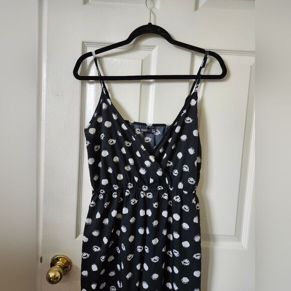 Boohoo Black & White Polka Dot Print Wrap Style Baggy Wide Leg Jumpsuit S - Picture 3 of 10